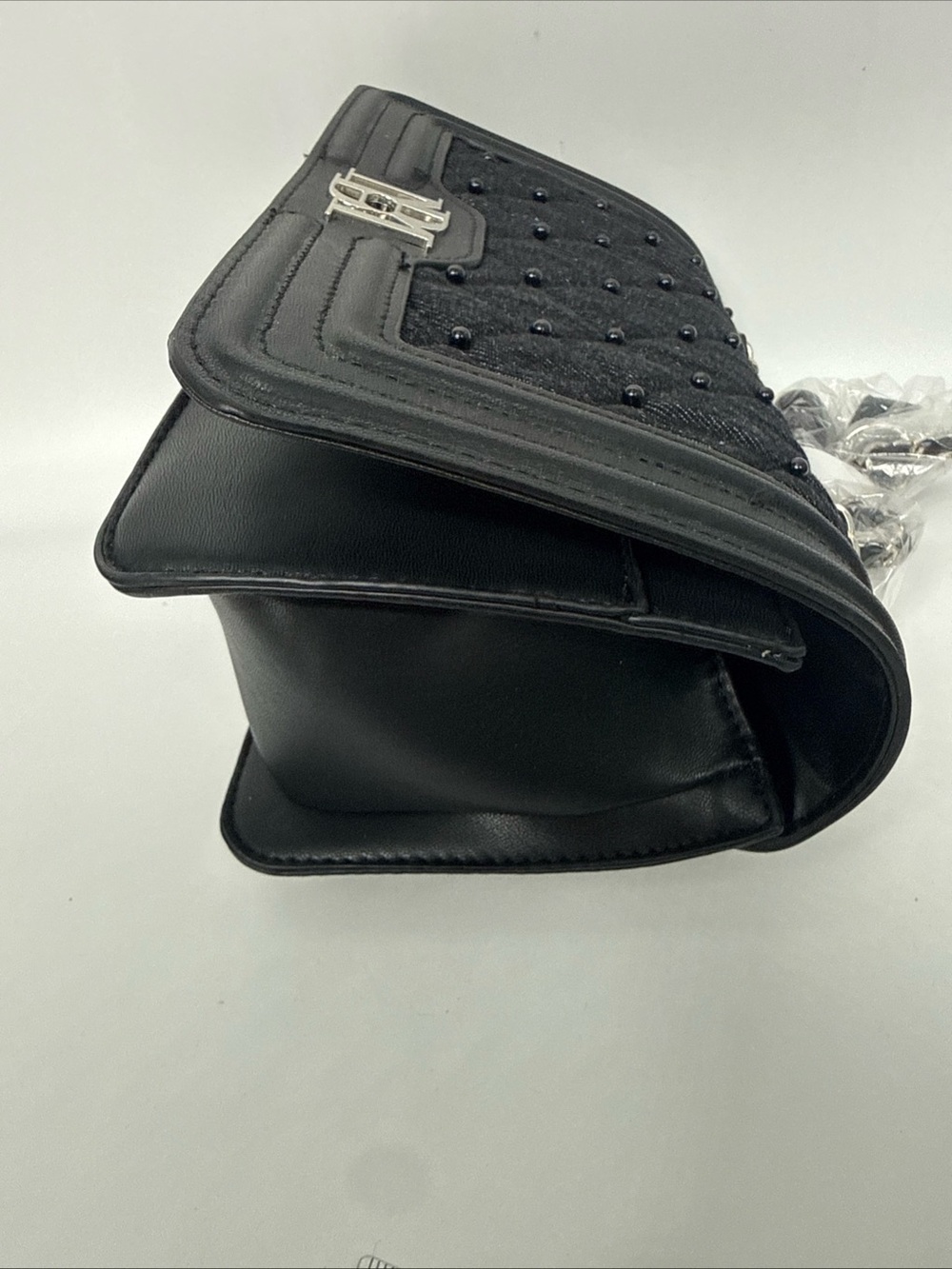 Badgley Mischka Black Quilted black diamond denim Crossbody Bag Silver Hardware - Picture 13 of 16